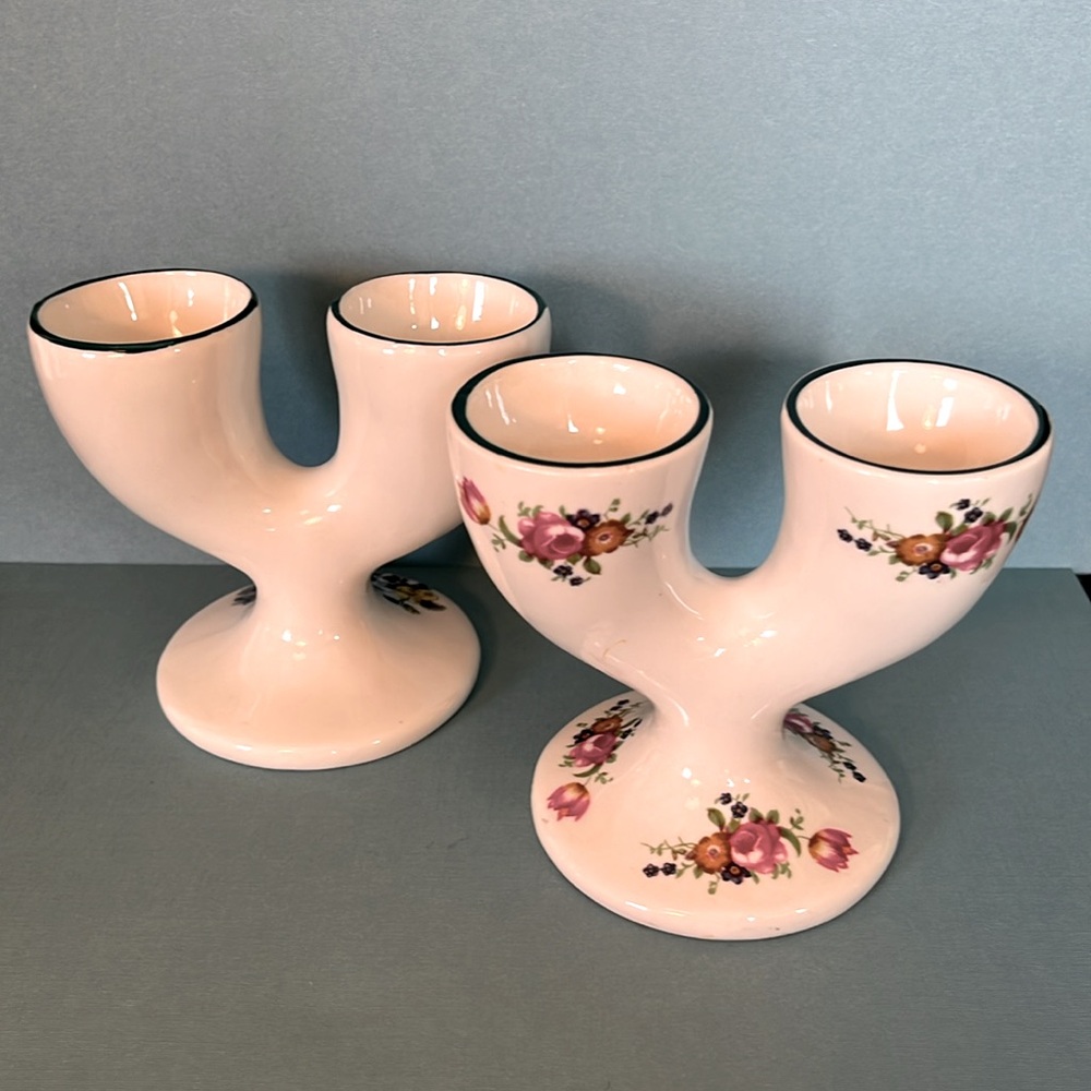 STAFFORDSHIRE Cream Floral DOUBLE‎ EGG Cups Set of 2 - Picture 3 of 7